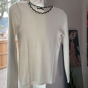 Zara cream fine ribbed long sleeve shirt with black zig zag trim